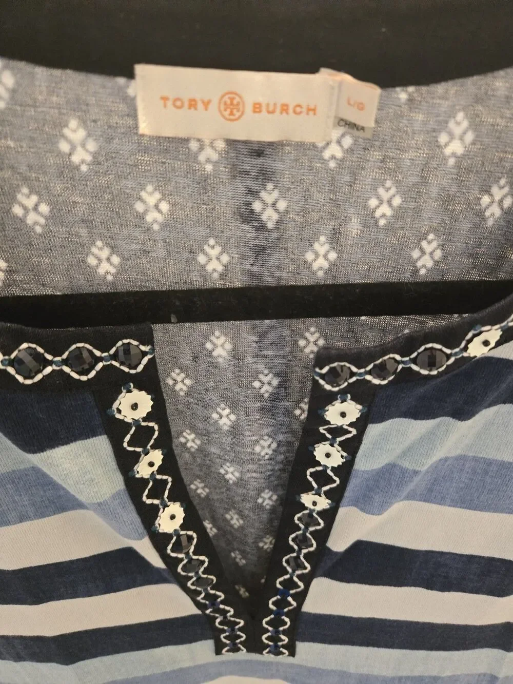 Tory Burch Navy and Light Blue Striped Embroidered Split-Neck Top